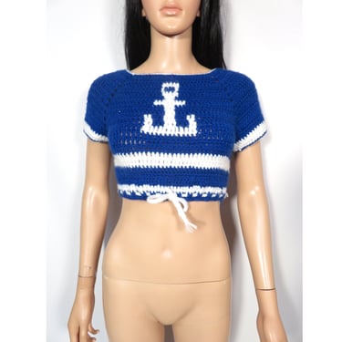 Vintage 70s Sailor Anchor Crochet Knit Crop Top Size XS/S 