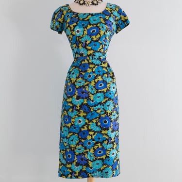 Sophisticated Late 1950's Silk Floral Print Cocktail Dress With Black Sequins By Hannah Troy / M
