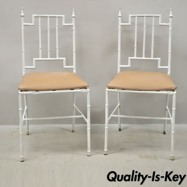 Italian Hollywood Regency White Faux Bamboo Metal Accent Side Chairs - a Pair