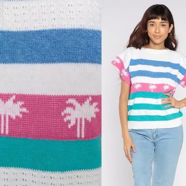 80s Palm Tree Shirt White Striped Knit Shirt Sweater Top 1980s Tshirt Tropical Retro Vintage Short Sleeve Boho Pink Blue Catalina Large 