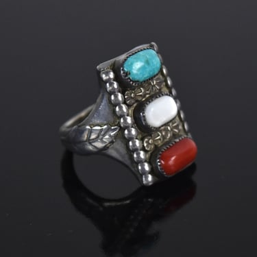 Vintage Horace Iule Navajo Native American Sterling Turquoise Mother Pearl Coral Ring 