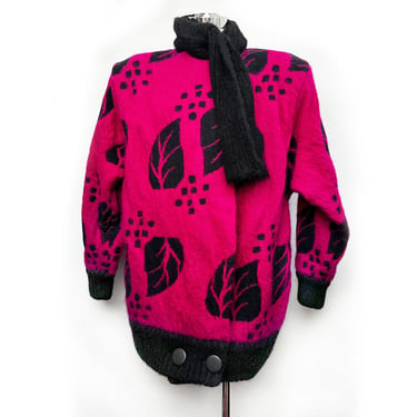 80s Fuchsia Pink SOFT MOHAIR Vintage Coat Sweater Jacket Scarf 1970's, 1980's Overcoat Oversized Bright Hot Pink Black Wool Ossie Clark Biba 