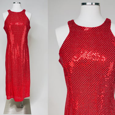 1980s-1990s Red Sequin Performance Dress by All That Jazz Large | Vintage, Open Shoulder, Choir, Showgirl, Jessica Rabbit, Sexy, Fitted 