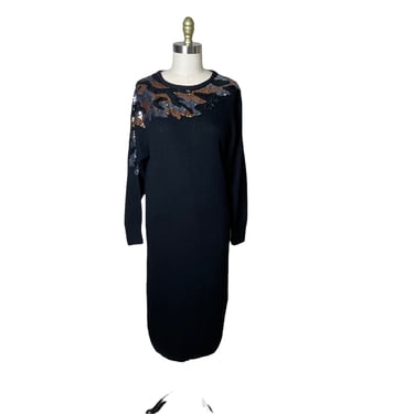 Vintage 80’s Raoul Women’s Black Silk Angora Sequin Sweater Wiggle Dress, size m 
