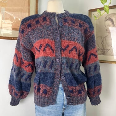 Vintage Brown NAVY CARDIGAN For Women - Cozy 80s Wool Knit Sweater |  Button Front | Retro Boho Style | Winter Layering | Casual Outfits 