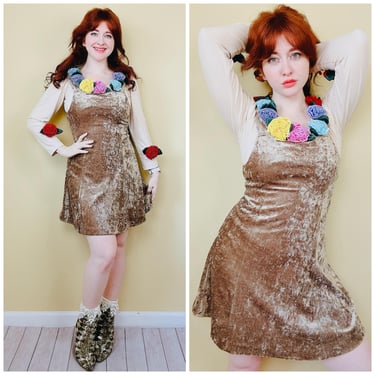 1990s Vintage Gold Crushed Velvet Jumper / 90s Pinafore Fit and Flare Grunge Mini Dress / Small - Medium 