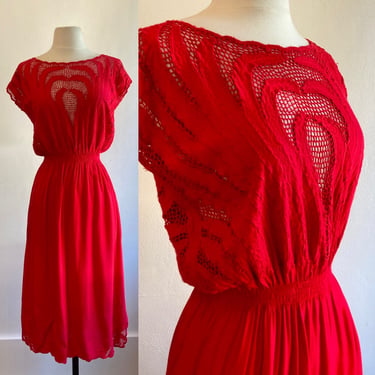 Hot Vintage 70s 80s Sexy PINTUCK NETTED Cutout Flame Dress Cover-Up / Embroidered Detail 
