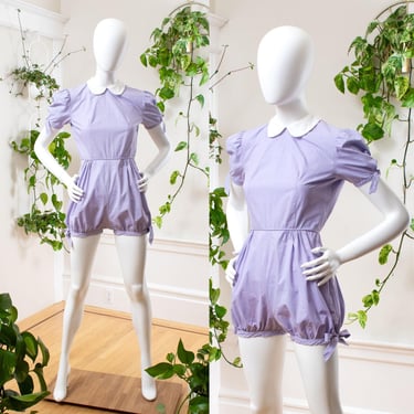 Vintage 1940s Romper | 40s Pastel Purple Cotton Peter Pan Collar Short Sleeve Shorts Sportswear Gym Pin Up Summer Playsuit | small 