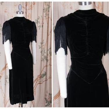 HOLD 1930s Dress - Sauce Vintage 30s Chanteuse Rayon Velvet Fringed Sleeve Cocktail Dress 