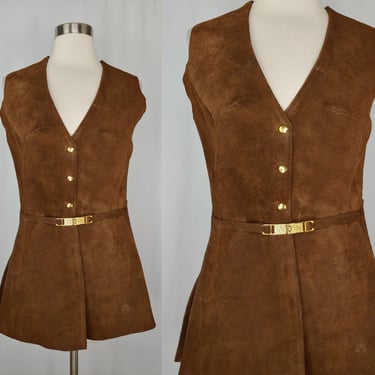 Vintage 60s 70s Brown Suede Button Front Belted Fitted Vest - Sixties Seventies Boho Hippie Leather Vest - XS / S 