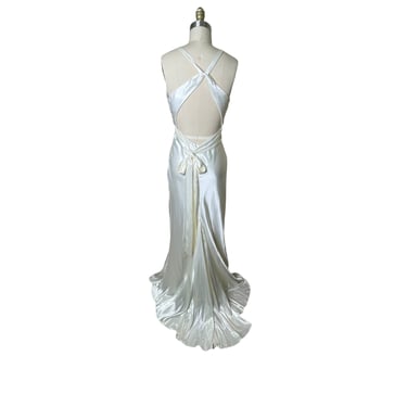 Vintage Bari Jay Strapless Formal Dress w Train White Liquid Satin Cross Halter size 9 