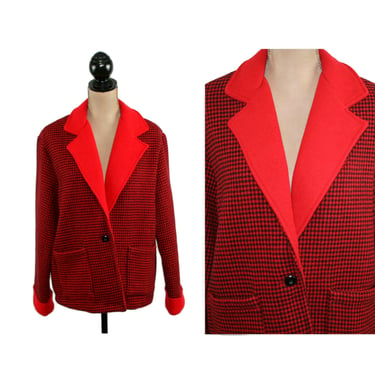 M-L 80s Red Houndstooth Fleece Barn Jacket, Chore Coat with Patch Pockets, 1980s Clothes Women Vintage Clothing WILLOW RIDGE Medium Large 