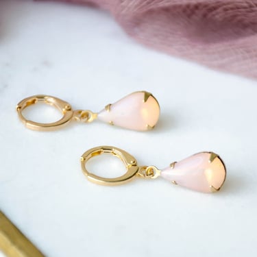 pink opal earrings, teardrop moonstone earrings, bridal bridesmaid wedding jewelry, Regency Art Deco huggie hoop drop earrings, gift for her 