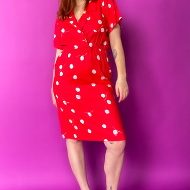 1980s Red Polka Dot Collared Dress, sz. Large
