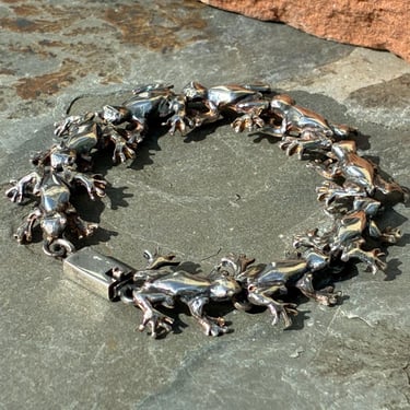 Vintage Mexico Sterling Silver Frog Link Bracelet - 6.75 Inches 