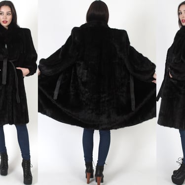 Mahogany Mink Coat With Matching Belt / Vintage 70s Espresso Trench Style Mid Length Jacket / Womens Real Fur Belted Princess Overcoat 