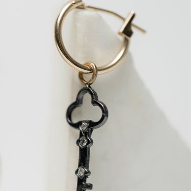 Single 14k Gold, Diamonds and Oxidized Sterling Silver Clover Key Huggie