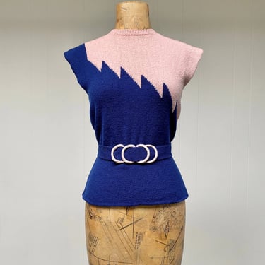 Vintage 1940s Hand Knit ZigZag Sweater, 40s Navy Pink Wool Bouclé Pullover with Matching Belt, Small to Medium 