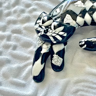 Artsy Cat Brooch, Black and White, Inlaid Abalone, Harlequin, Cat Pin, Artisan Made, Sculpted Painted Jewelry 
