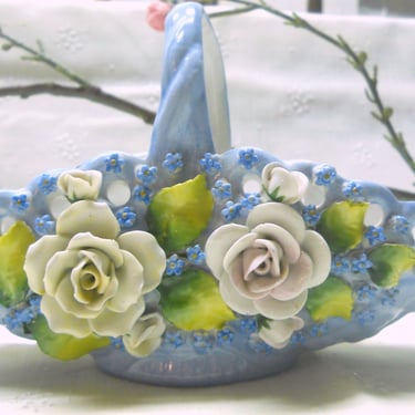Vintage Blue Woven Porcelain Basket~ Hand Painted Flowers~ Germany Ceramics~ Capodimonte Style  Bisque Pressed Roses~ Small  Handled Basket 