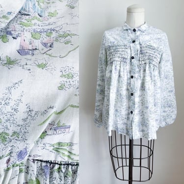 Vintage 1970s Maternity Top / Smocked Novelty Print Blouse // M 
