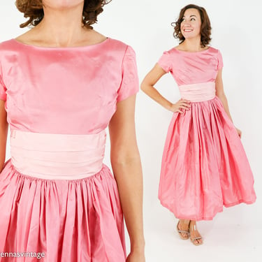 1950s Pink Taffeta Party Dress | 50s Pink Full Skirt Dress | Pin Up | Small 