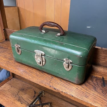 Rustic Green Metal Tackle Box with Handle and Tray