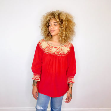 Hand Embroidered Blouse // vintage cotton boho hippie Mexican embroidered dress hippy red // O/S 
