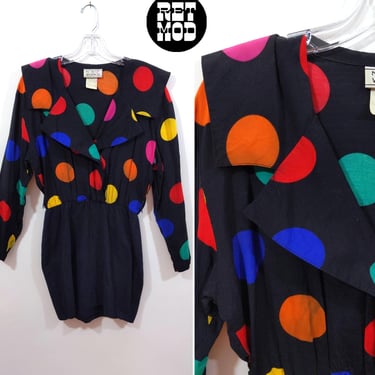 Too Cool Vintage 80s 90s Black Colorful Polka Dot Mini Skirt One-Piece Dress by Networks 