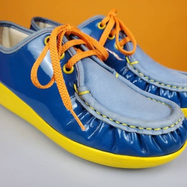 RETRO 70s SAS Bounce moccasin loafer wedges. Ultra groovy, mod, & the ultimate in comfort. Blue yellow orange leather patent nubuck. (W7) 