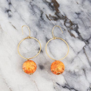 Vintage Coral Swirly Gold Bead Round Drop Earrings 