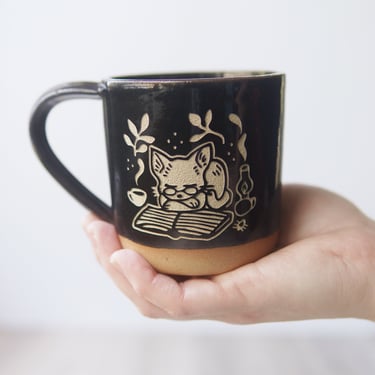 Book Cat Mug - cozy handmade pottery 