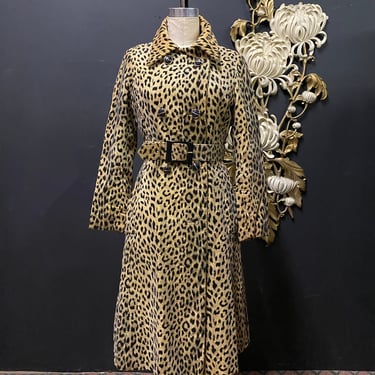 1960s leopard coat, animal print, vintage 60s coat, medium, belted, faux fur, rockabilly style, double breasted, count romi, mod, mrs maisel 