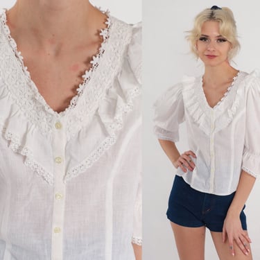 70s Prairie Blouse White Puff Sleeve Shirt Eyelet Floral Lace Top Cottagecore Button Up Ruffle Collar Hippie Victorian Vintage 1970s Small S 
