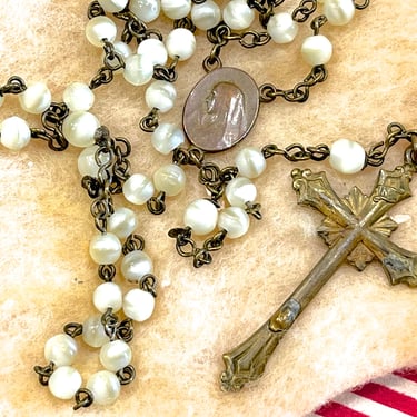 VINTAGE: Old Mother of Pearl Rosary - Religious Necklace - SKU 00032027 