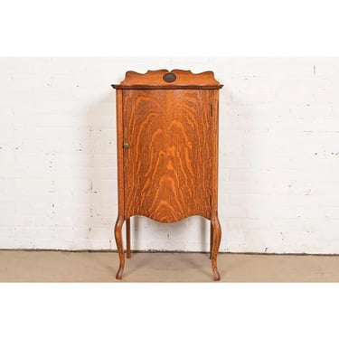 Antique Victorian Carved Tiger Oak Music Cabinet, Circa 1900