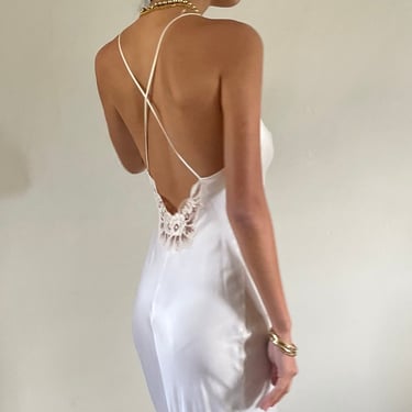 90s silk charmeuse maxi dress / vintage white bias cut silk charmeuse lace trim backless criss cross straps bridal maxi slip night dress | S 