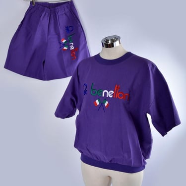 RARE 1980's Benetton Matching SET Shorts & T shirt Purple Cotton Vintage Boxy Oversized tshirt Hip Hop 