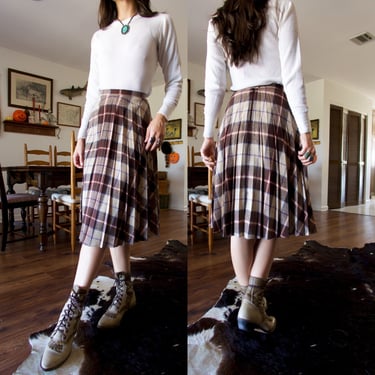 Vintage 70’s Frankly Speaking Brown Pleated Plaid High Waisted Mid Length Skirt 