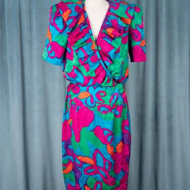 Stunning 1980s Flora Kung 100% Silk Colorful Bold Abstract Print Ruffle Neck Dress with Extra Large Puff Sleeves 