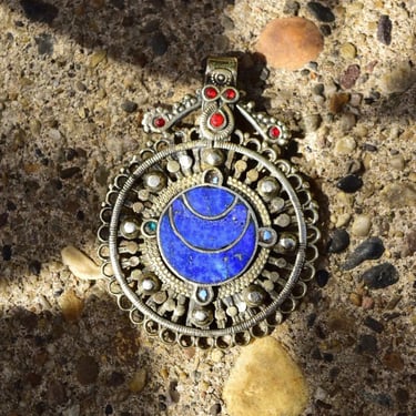 Vintage Large Bohemian Multi-Stone Silver Medallion Pendant, Lapis Lazuli, Red Stone Accents, Lion Emblem On Back, Reversible, 3 1/8" L 