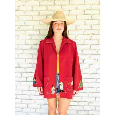 Village Jacket // vintage 50s cardigan boho hippie dress blouse shirt hand embroidered souvenir wool Mexican red 70s // O/S 