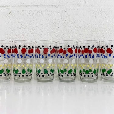 Vintage Polka Dot Jeanette Glasses Set of 6 Colorful Pattern Rainbow Primary Colors Highball Glass Barware Drinkware NOS Deadstock 1950s 