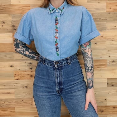 90's Fruit and Jam Embroidered Denim Chambray Shirt 