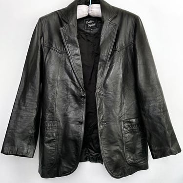 70's Black Leather Blazer Jacket 40" Chest Men's Vintage Unisex 1970's Fight Club style Hippy Western Hippie Disco era 