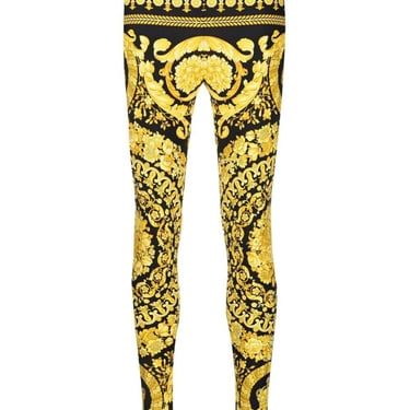 Versace Women Gold And Black Stretch Fabric Leggings With Baroque Heriatge Print Versace Woman