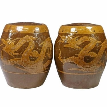 Large Pair of Chinese Glazed Earthenware Covered Martaban Storage Jars with Incised Dragon Fenghuang Bird & Carved Handles 