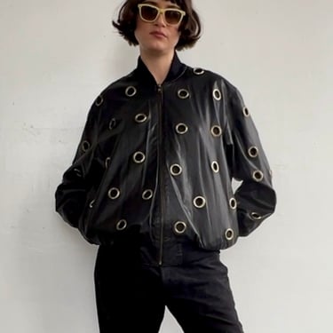 90s Black Leather Grommet Bomber (M)