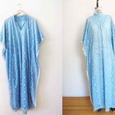 Vintage 60s Powder Blue Lace Maxi Dress S M L  - 1960s Pom Pom Trim Pastel Caftan Dress Butterfly Angel Sleeves - Bohemian Hippie Style 