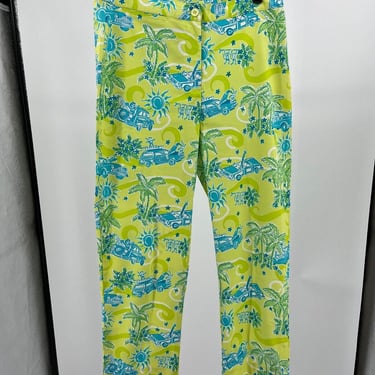 Lilly Pulitzer Designer Pants in Lime Green, Blue and White Pattern Size 6 